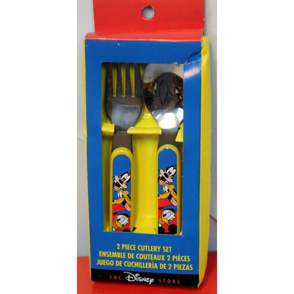 Vtg 90s Disney Dinner Set Color Block Mickey Plate Bowl Cup Fork Spoon Melamine - Picture 7 of 14